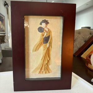 Beautiful Shadow Box Art, Oriental 3D Geisha Wearing Silk Kimono Framed Vintage